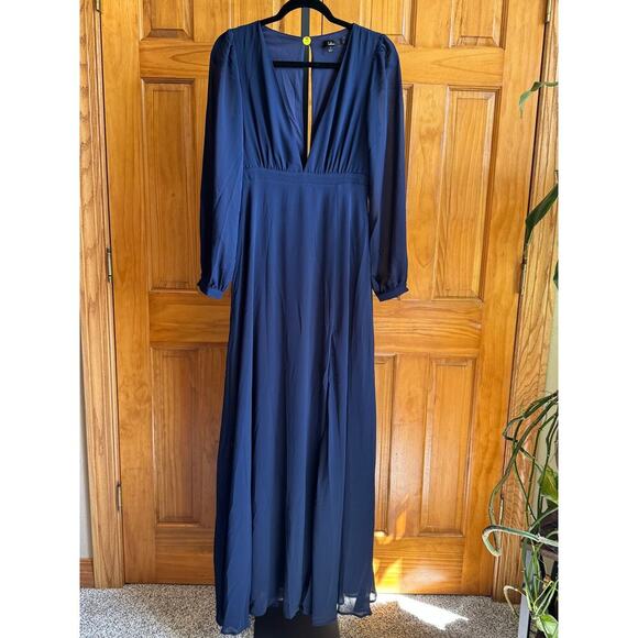 Lulu’s Navy Dramatic Plunging Front & Back - Maxi Dress with Slit - Size Small - Picture 3 of 8